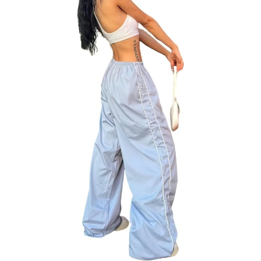 Womens Baggy Y2K Parachute Light Blue Pants High Waisted Lightweight Streetwear
